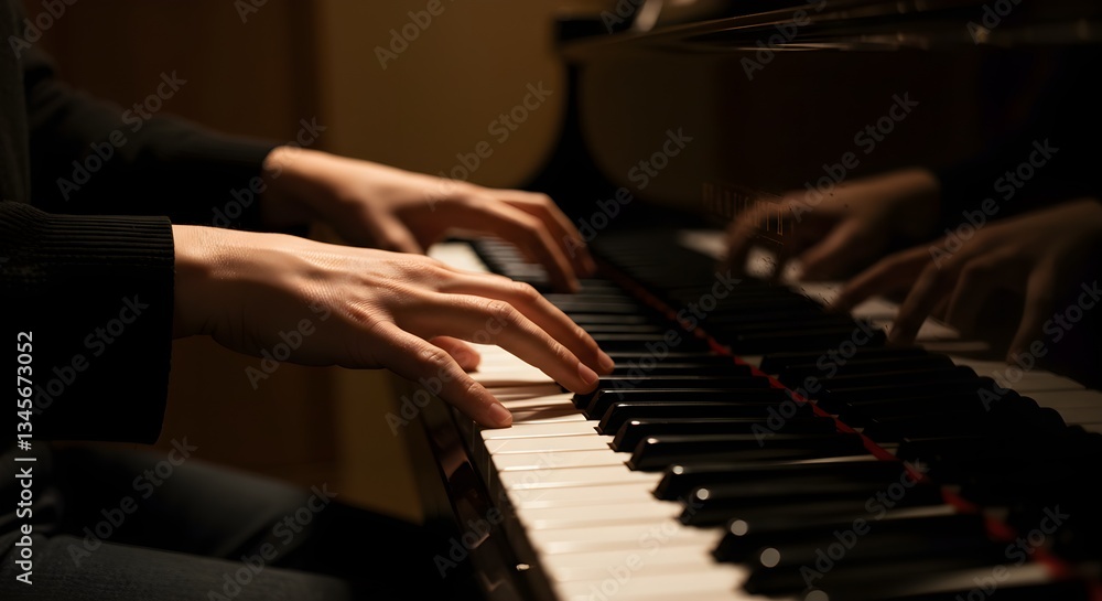 Fototapeta premium . A musician playing the piano, hands poised over the keys, immersed in the music