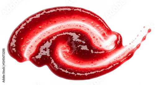 Close-up of a vibrant red fruit jam smear on white background.