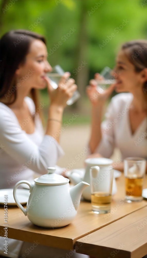 Generative AI Two friends enjoying a tea break in a serene green garden setting Generative AI Two friends enjoying a tea break in a serene green garden setting