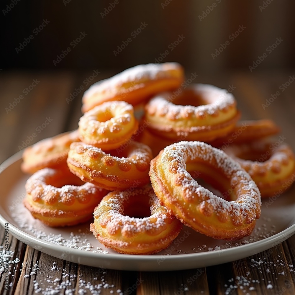 Fried dough pastries sprinkled with powdered sugar Fried dough pastries sprinkled with powdered sugar
