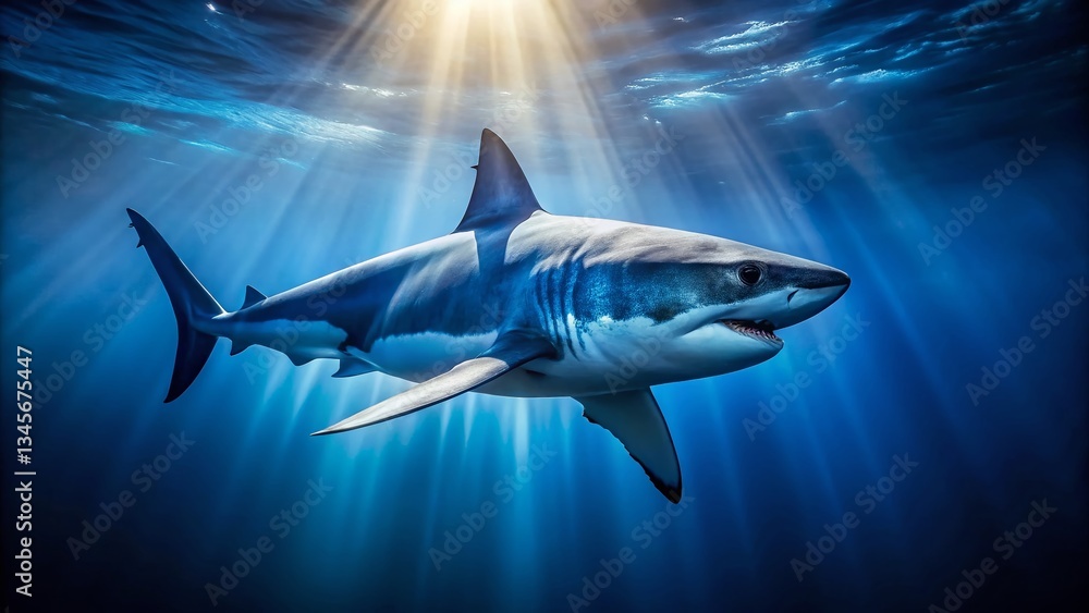 Fototapeta premium Majestic Shark in Deep Ocean: Low Light Underwater Wallpaper