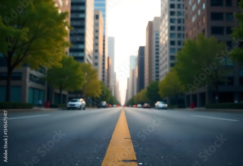 Generative AI Vision of a modern urban avenue lined with green trees and towering buildings