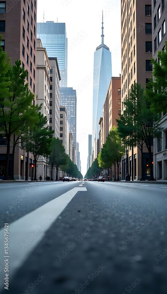 Generative AI Captivating cityscape view down a wide avenue lined with towering buildings Generative AI Captivating cityscape view down a wide avenue lined with towering buildings