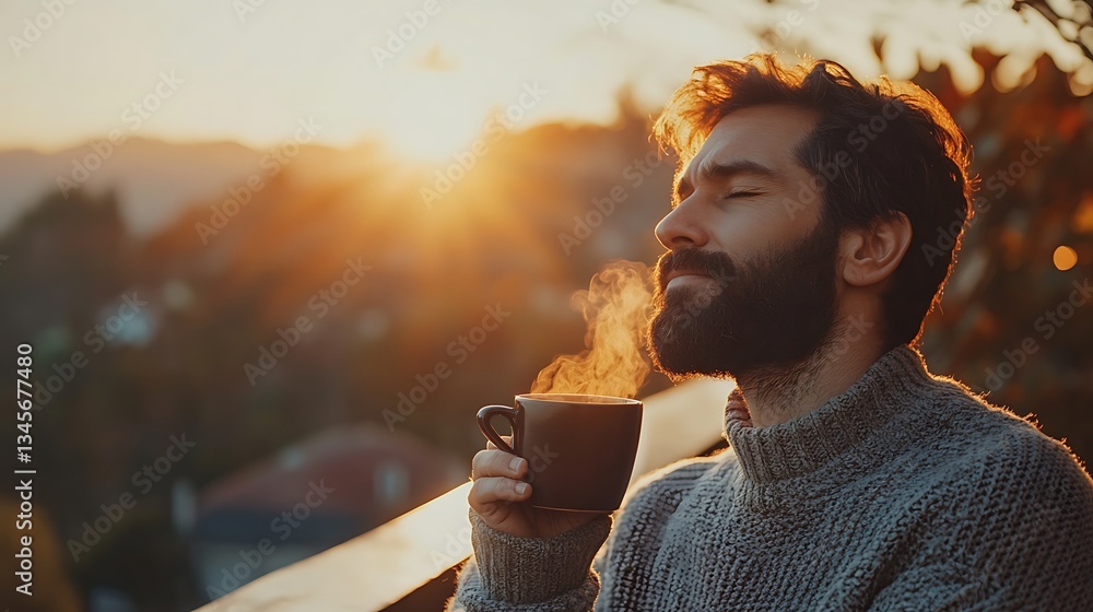 Fototapeta premium A bearded man enjoying his first sip of coffee on a balcony overlooking a misty mountain landscape, wearing a cozy sweater, deep inhale with eyes closed, peaceful sunrise hues in the background,