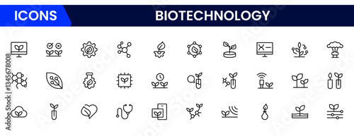  Biotechnology line icons. Includes icons for scientific, innovation, scientist, experiment, microscope, interaction, science. Minimalis  vector icon and illustration.