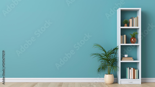 Teal Wall Room with Bookshelf and Plant