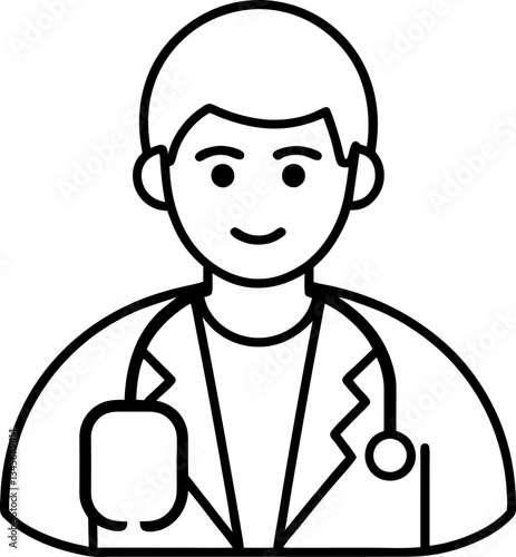 Outline Icon of Smiling Doctor with Stethoscope Wearing Lab Coat, Healthcare Professional Clip Art, Medical Mascot