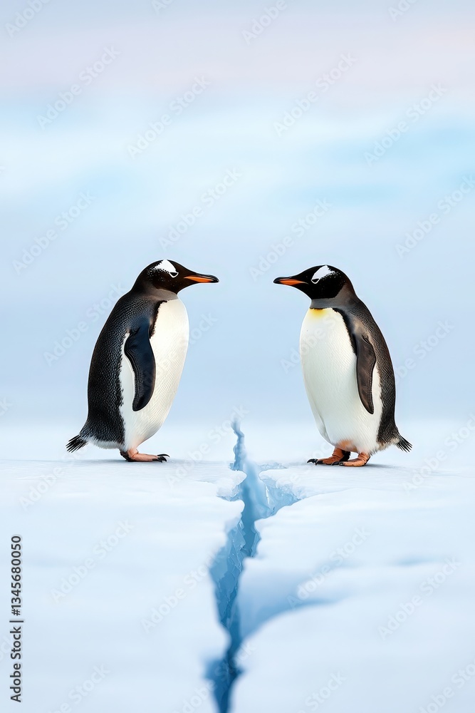 Fototapeta premium Two Gentle Penguins on Iceberg Facing Each Other in Natural Habitat