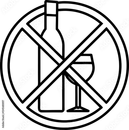 No Alcohol Sign Prohibited Wine Bottle and Glass Icon Black and White Symbol Design