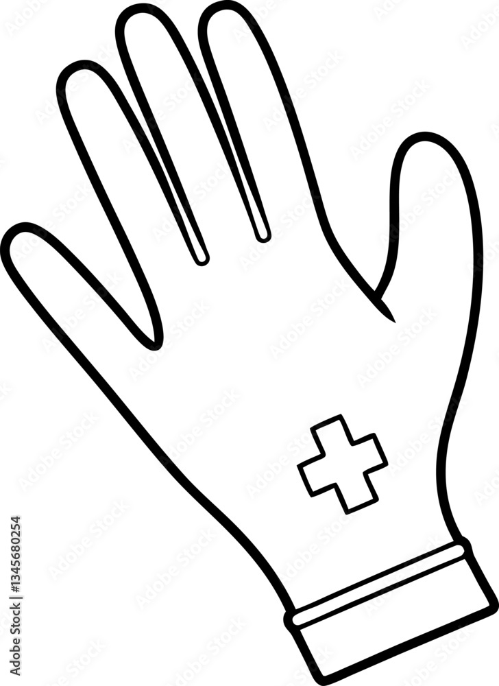 Obraz premium Outlined Medical Glove with Cross Symbol, Protection Gear for Healthcare Professionals, Hand Safety Outline Isolated
