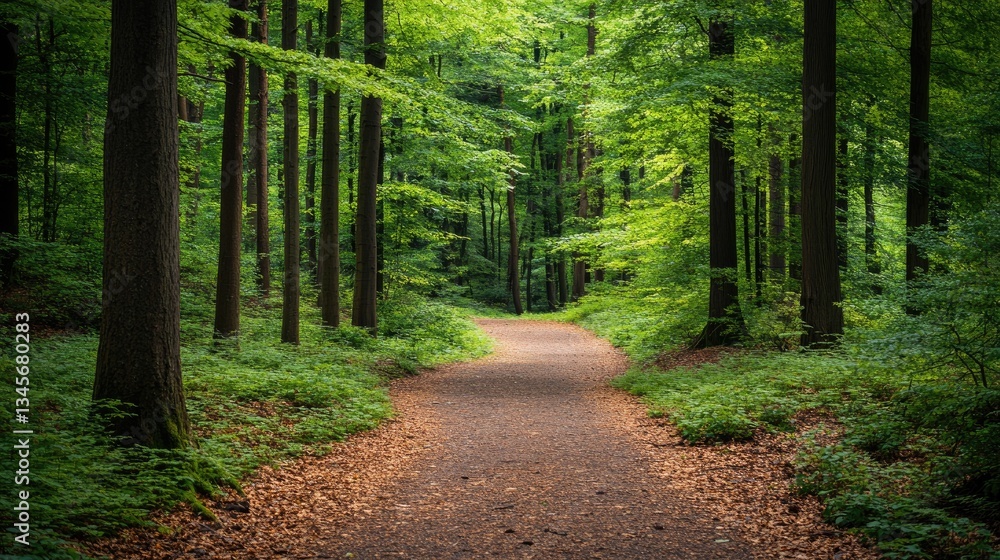 Fototapeta premium Serene Forest Path Surrounded by Lush Green Trees and Foliage
