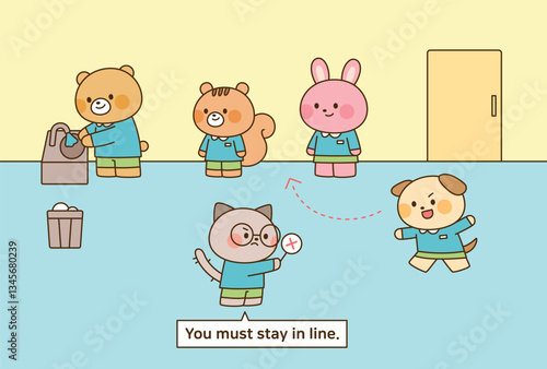 A cute vector illustration of kindergarten animal characters learning classroom rules and discipline. Perfect for children's education, behavior guidance, and school-related content.