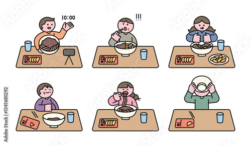 A fun vector illustration featuring people enjoying a meal, including eating noodles, food reactions, and mukbang. Perfect for food-related content, social media, and restaurant themes.