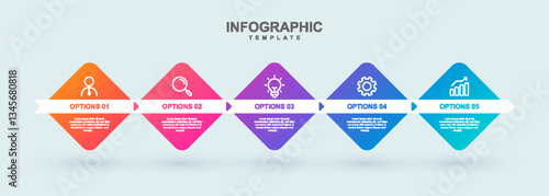 Linear 5 Step Business Infographic with Gradient Diamond Shapes and White Ribbon Timeline