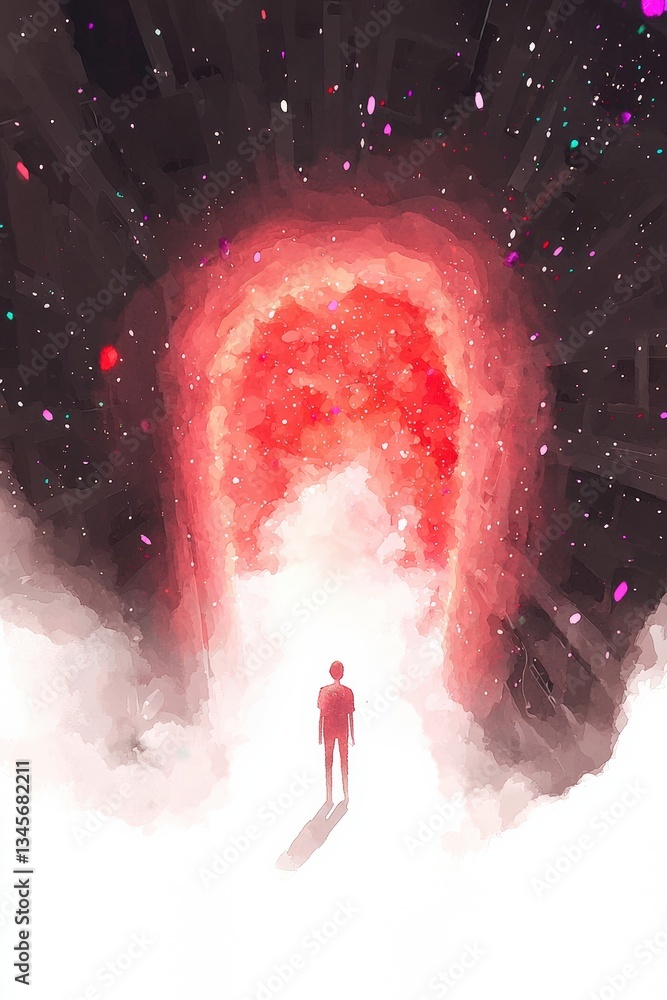 Obraz premium A solitary figure stands before a vibrant cosmic portal in a surreal landscape, representing exploration, mystery, and the journey of imagination.