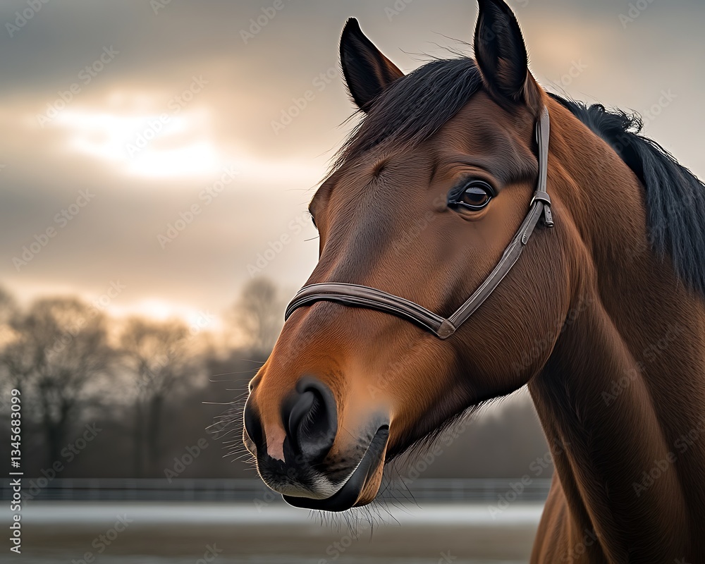 Obraz premium Majestic Chestnut Horse for Winter Sunset.