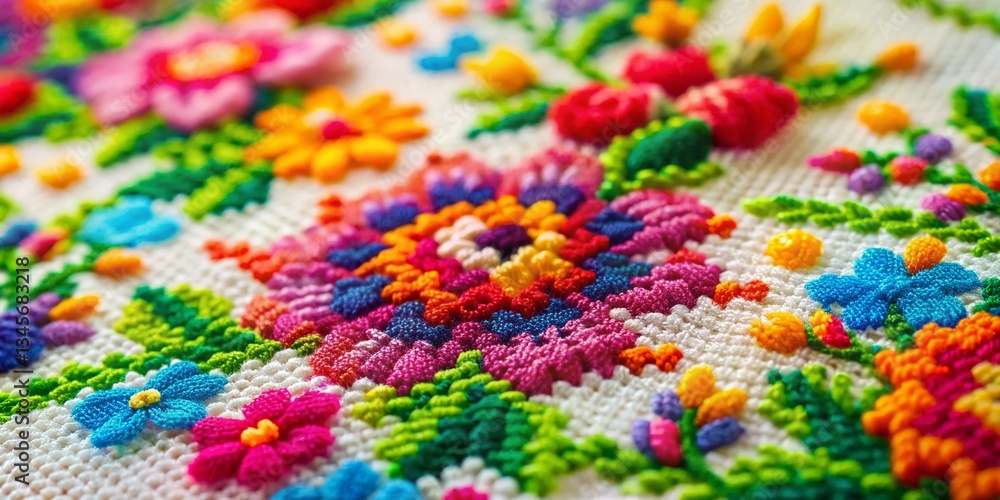 Fototapeta premium Miniature Floral Cross Stitch Embroidery, Whimsical Needlework, Close-up, Tilt-Shift, Craft