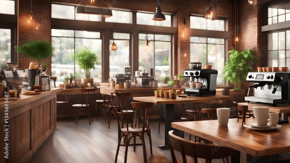 A modern rustic coffee shop interior features two espresso machines wooden tables chairs near large windows. A modern rustic coffee shop interior features two espresso machines wooden tables chairs near large windows.