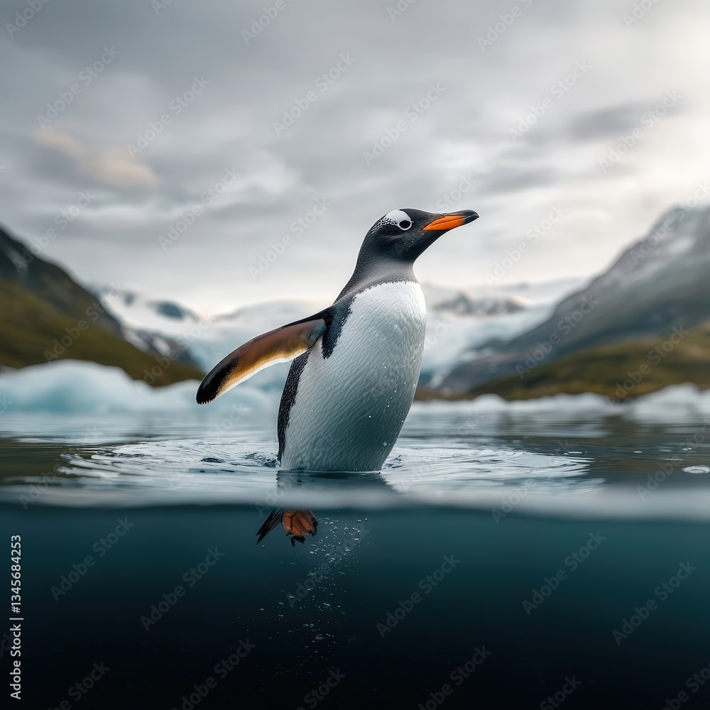 Fototapeta premium Gentle Penguin Swimming in Ice-Capped Waters of Serene Landscape