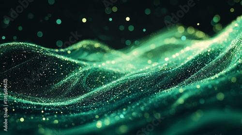 Emerald particles flowing, dark background, digital art, website header