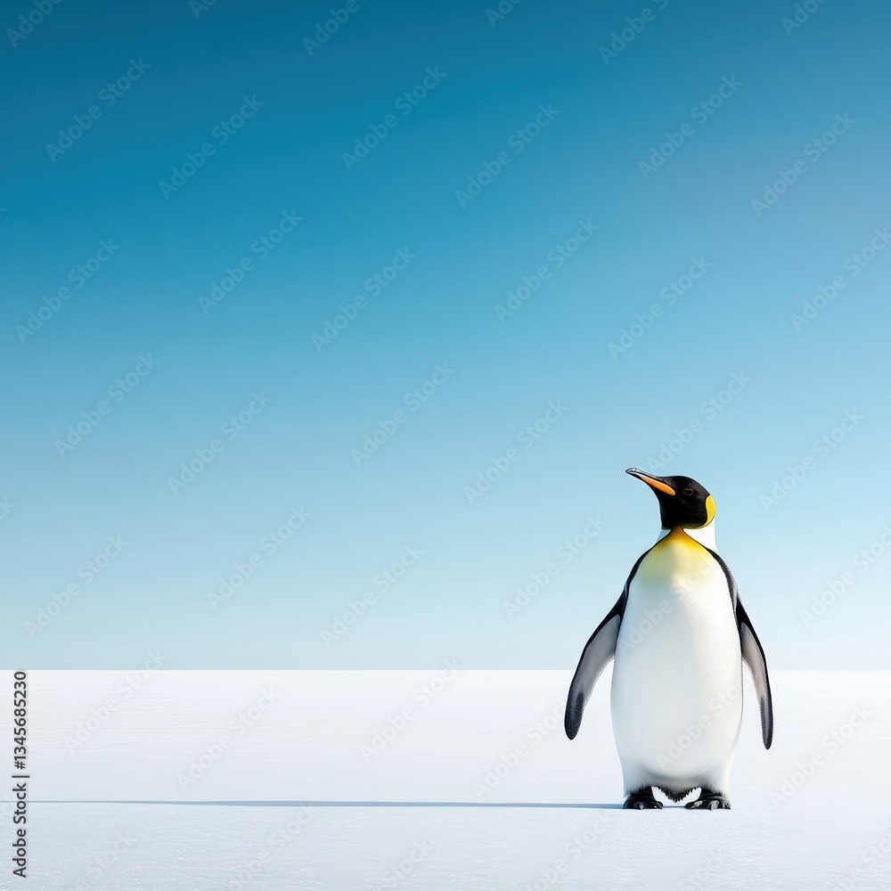 Obraz premium Elegant Penguin Standing on Ice with Clear Blue Sky Background