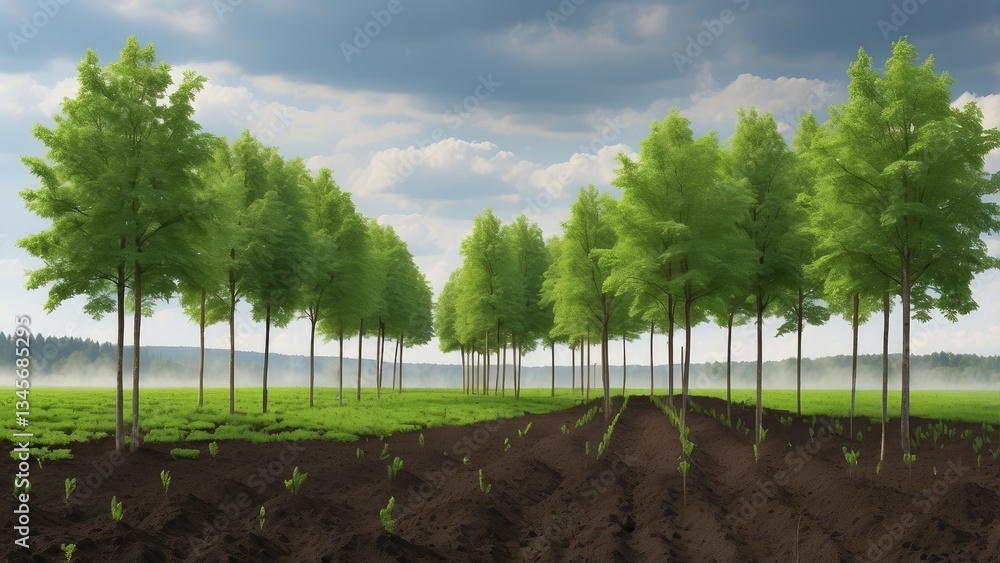 Obraz premium A freshly planted tree nursery featuring young green saplings arranged in neat rows on brown tilled earth.