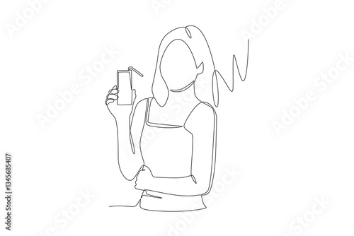 Woman drinking vegetable milk. Vegetarian concept one-line drawing