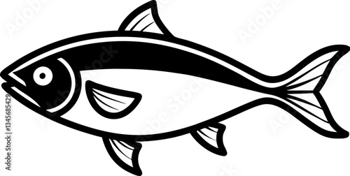 Stylized Fish Black Outline on White Background Marine Life, Seafood Icon. Clean Design