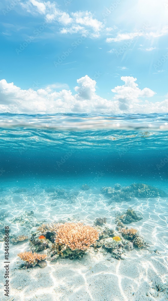 Naklejka premium Clear Blue Water Above Colorful Coral Reef Under Bright Sky