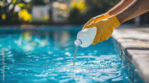 Person pouring liquid chlorine into swimming pool feeling relaxed and enjoying pool maintenance, showing pride in cleanliness