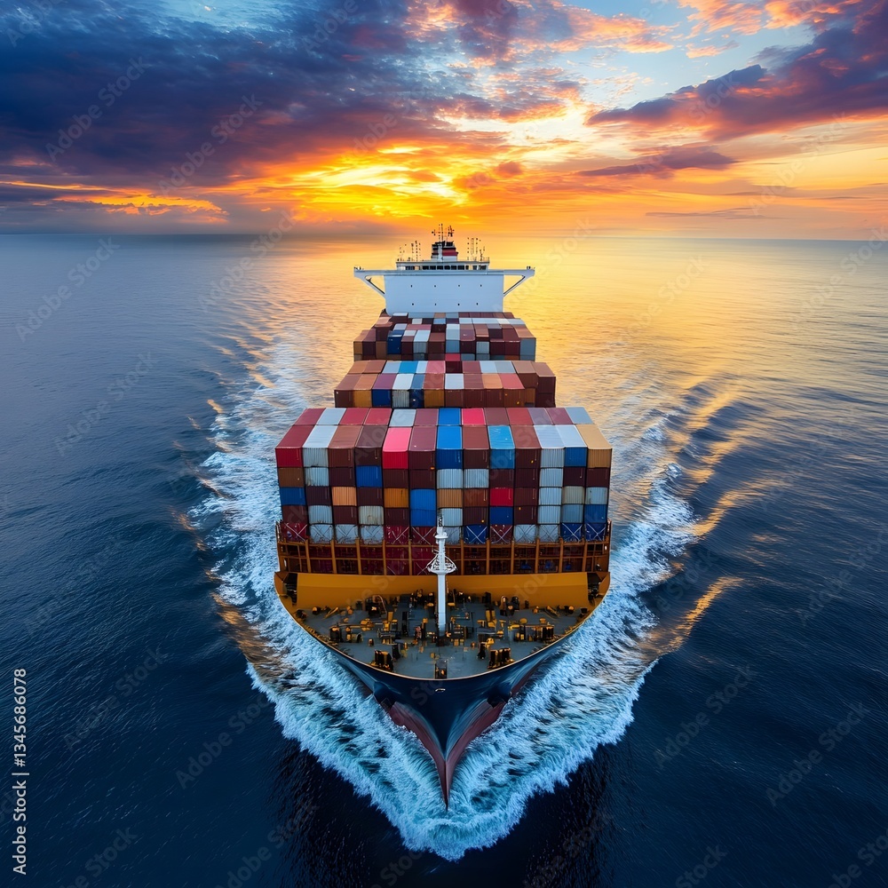 Fototapeta premium Large container ship navigating through the vast ocean waters under a clear sky on a sunny day