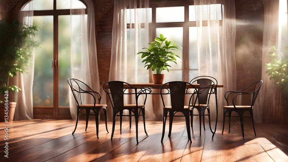 Fototapeta premium A sunlit dining room a wooden table, four black metal chairs, a potted plant, bathed warm morning light streaming through sheer curtains.