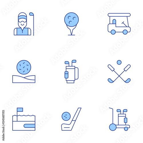 Golf icons set. Line Duotone style, editable stroke. bunker, golf field, golf caddy, tee, golf, golf cart, golf bag