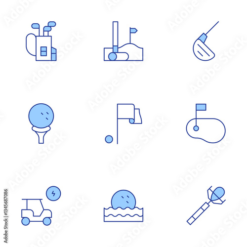 Golf icons set. Line Duotone style, editable stroke. flag, iron, golf, golf ball, golf equipment, golf cart, green