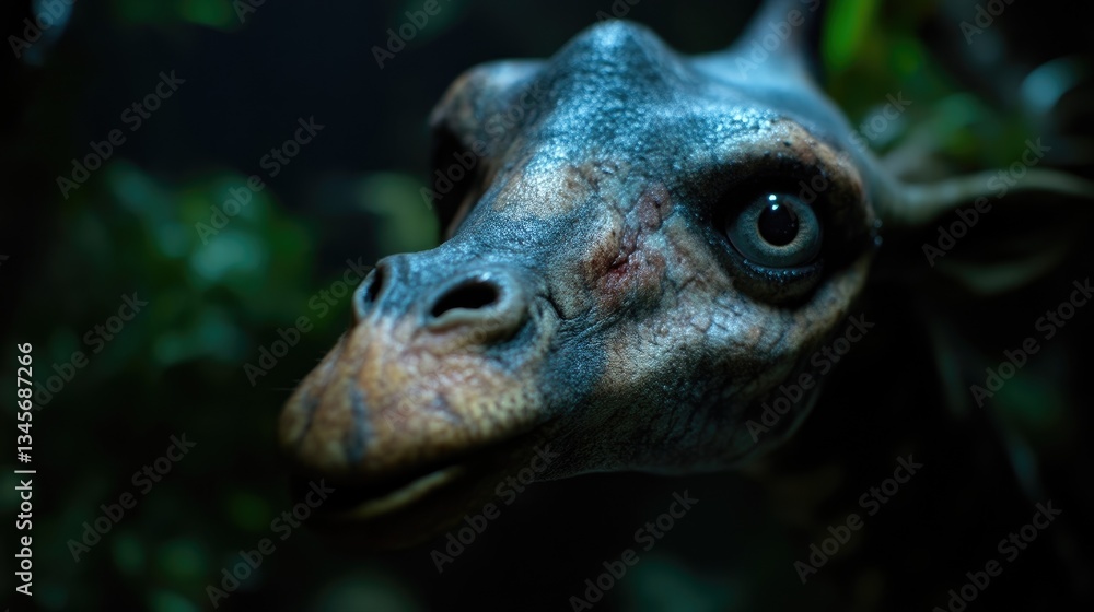 Fototapeta premium Close-up of a detailed giraffe head, subtly eerie, with textures and eyes