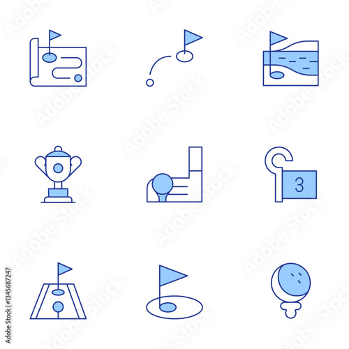 Golf icons set. Line Duotone style, editable stroke. golf field, golf, flag, map, distance, mini golf