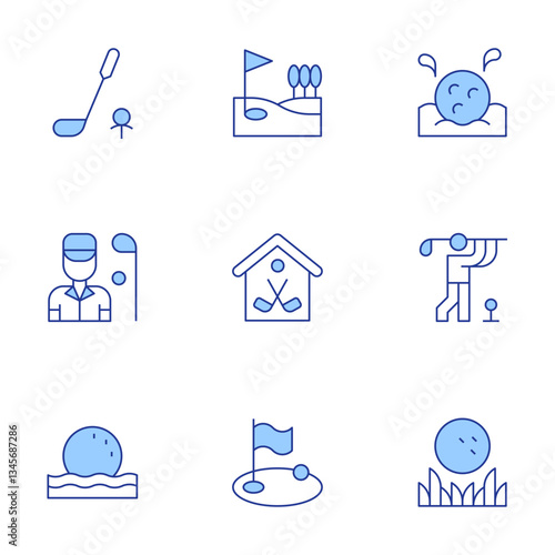 Golf icons set. Line Duotone style, editable stroke. golfer, golf ball, golf, golf field, golf course
