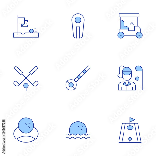 Golf icons set. Line Duotone style, editable stroke. hole, water, golf, golf ball, divot, golf cart, mini golf, golfer