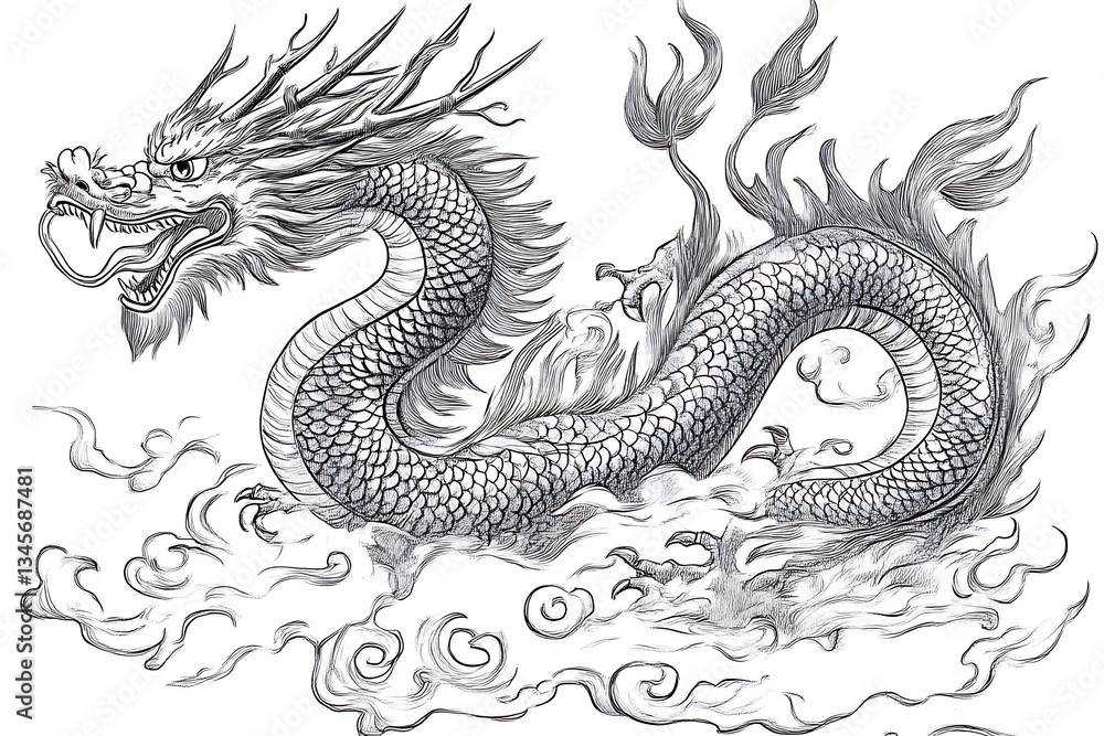 Majestic Dragon Ascending Clouds for Asian Art. Majestic Dragon Ascending Clouds for Asian Art.