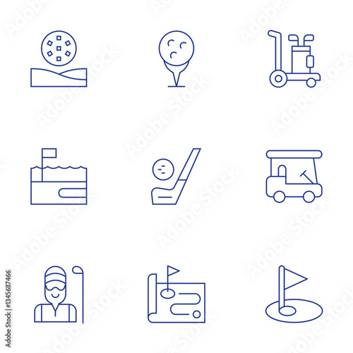 Golf icons set. Thin Line style, editable stroke. bunker, golf field, golf caddy, tee, golf, golf cart, map, flag