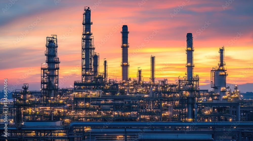 Obraz premium Majestic Industrial Landscape at Sunset with Smoke Stacks and Lights