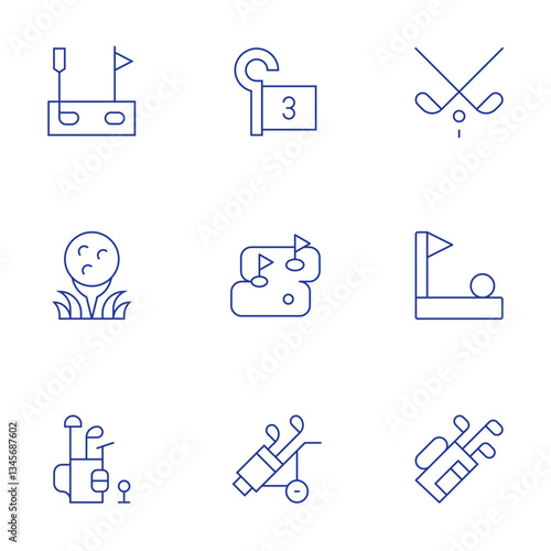 Golf icons set. Thin Line style, editable stroke. golf, golf ball, golf bag, flag, golf field, golf clubs