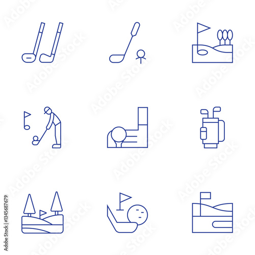 Golf icons set. Thin Line style, editable stroke. golf, golf sticks, golf course, golf bag, golf field, resort, golf player