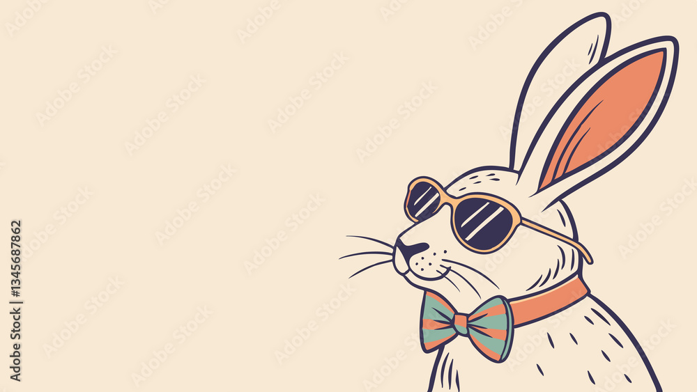 Obraz premium Illustration of a rabbit wearing sunglasses and a bow tie on a light background. Perfect for Spring Invitations, Holiday Branding, and Creative Event Projects
