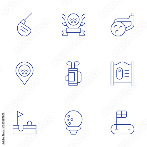 Golf icons set. Thin Line style, editable stroke. iron, golf course, golf hole, map, golf, badge, golf bag