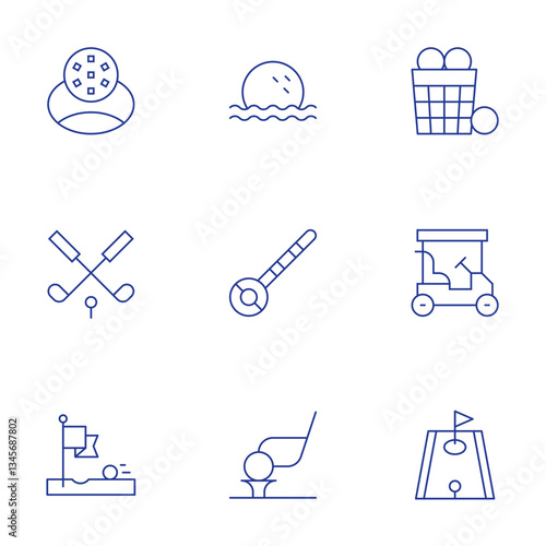 Golf icons set. Thin Line style, editable stroke. hole, water, golf, golf ball, basket, golf cart, mini golf
