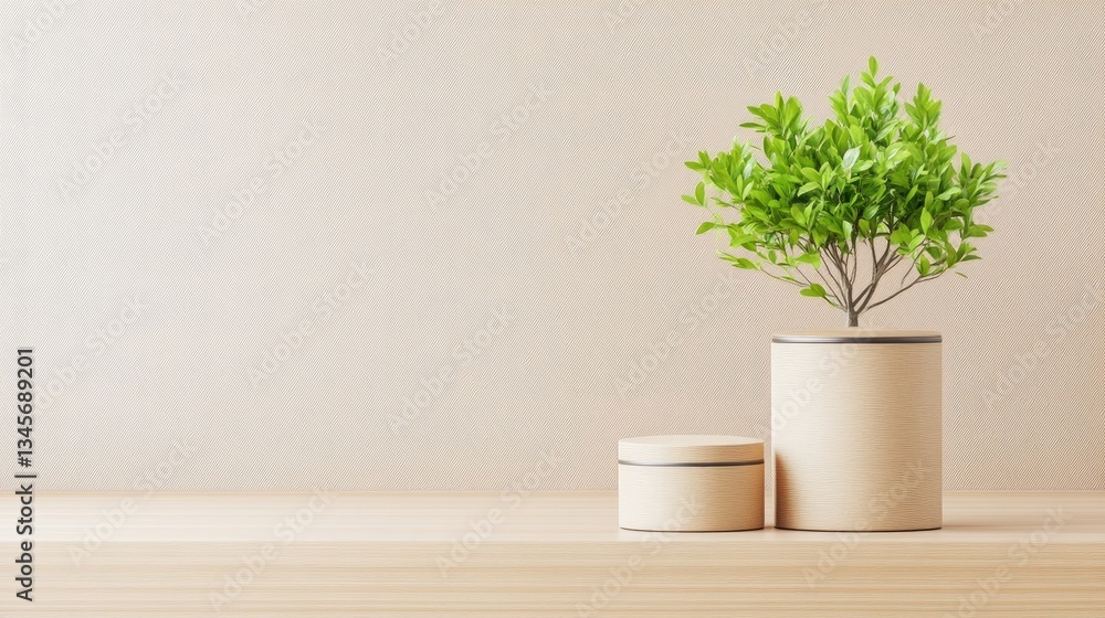 Fototapeta premium Minimalist wooden display with potted plant