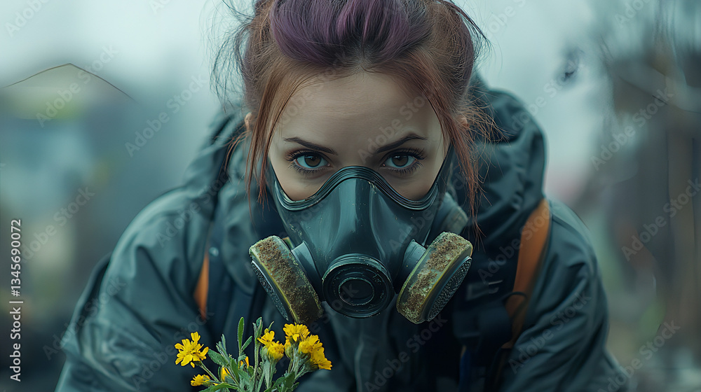 Young Woman Wearing Gas Mask Holding Flowers in a Dystopian World – Environmental Disaster, Pollution Survival, Post-Apocalyptic Future, Sci-Fi Concept, Dark Mood Photography, War Refugee,
