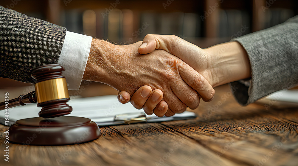Legal handshake between two attorneys or business partners with a wooden gavel and contract on a desk, representing justice, trust, corporate agreement, business deal, and professional negotiation.