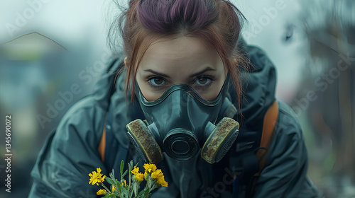 Obraz na płótnie Young Woman Wearing Gas Mask Holding Flowers in a Dystopian World – Environmental Disaster, Pollution Survival, Post-Apocalyptic Future, Sci-Fi Concept, Dark Mood Photography, War Refugee, w salonie
